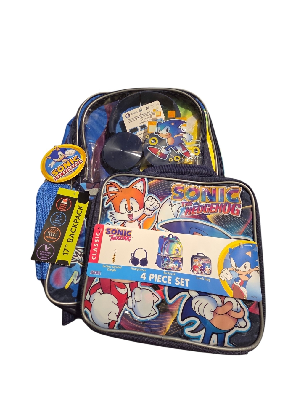 ​NWT Sonic The Hedgehog 4 Piece Backpack Set Headphones Lunch Bag Dangle SEGA